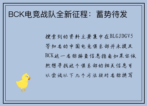 BCK电竞战队全新征程：蓄势待发