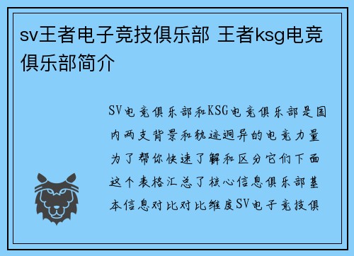 sv王者电子竞技俱乐部 王者ksg电竞俱乐部简介